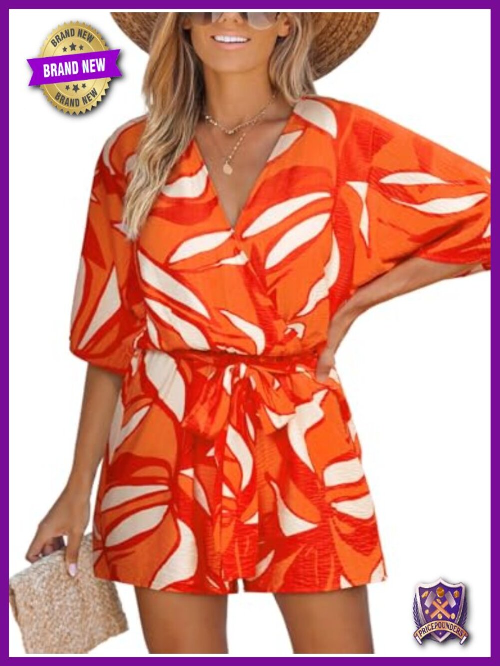 CUPSHE Women's Tropical Romper V Neck Half Sleeve Loose Fit Wide Leg Belted